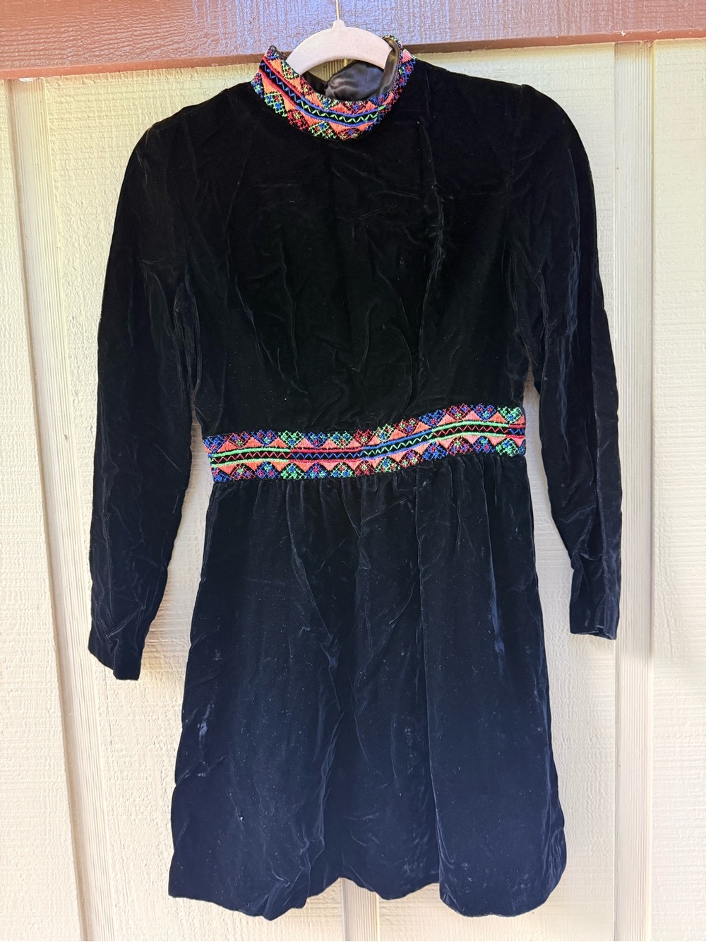 Black Velvet Mini Dress with Multicolor Embroidered Trim
